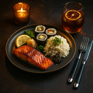 Food-Fotografie – Japanischer Gourmetteller inkl. Gedeck mit Deko-Licht