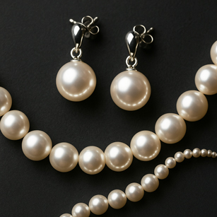 Detailaufnahme – Passende Ohrringe und Halskette auf dunklem Hintergrund